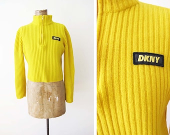 Vintage 2000 DKNY Bright Yellow Ribbed Crop Sweater S - Y2K Zip Mock Tall Neck Jumper - Spell Out Brand -