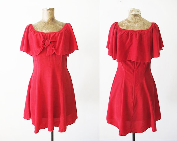 Vintage 90s Ruffle Dress S - Red Mini Dress 90s -