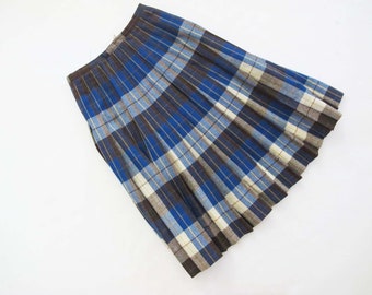 Vintage Pleated Wool Plaid Skirt XS 24  - 70s Blue Gray Yellow High Waist Full Skirt - Nerdy Academia Prep Style