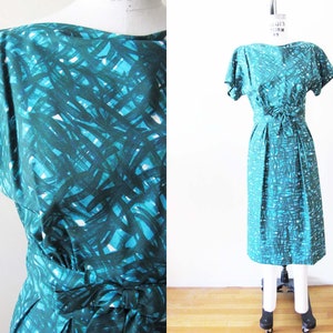 vintage années 60 Adele Simpson Bleu Vert Gaine Robe 8 Medium Années 1960 Mad Men Joan Short Sleeve Abstract Print Cocktail Dress image 1