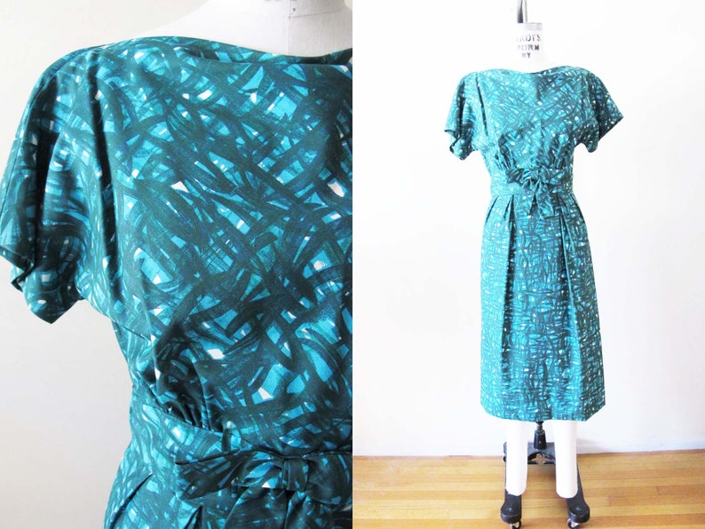 vintage années 60 Adele Simpson Bleu Vert Gaine Robe 8 Medium Années 1960 Mad Men Joan Short Sleeve Abstract Print Cocktail Dress image 1