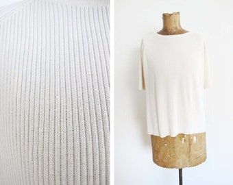Vintage 90s Cream Ribbed Knit Silk Shirt S M - 1990s Minimalist Off White Crewneck Blouse