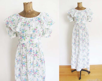 Vintage 1970s Romantic Blue Floral Long Maxi Dress XS - 70s Virgin Suicides Young Edwardian Cotton Ruffle Frilly Sundress