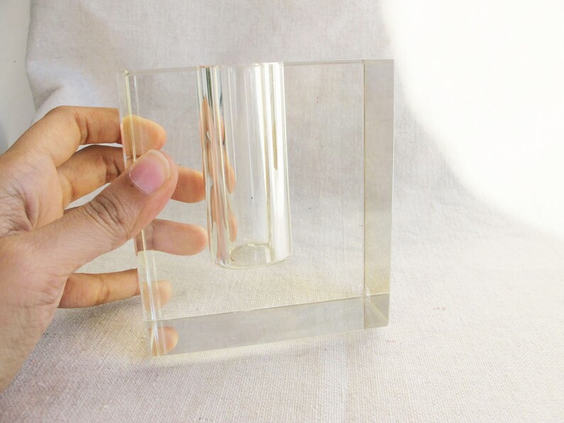 Vintage Square Lucite Glass Bud Vase Glass Plant Cutting Vase Modern Minimalist Glass Container 80s Home Decor 80s Glass Flower Vase image 5