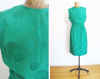 Vintage 60s Jade Green Chinese Silk Sheath Dress S - 1960s Sleeveless Chinoiserie Cocktail Evening Dress