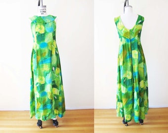 Vintage 60s Hawaiian Bright Green Floral Maxi Dress S - 1960s Hibiscus Tropical Sleeveless Floor Length Sundress - Tiki