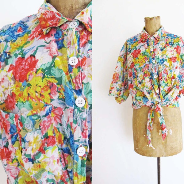 Vintage 90s Floral Blouse S M - 90s Colorful Wildflower Floral Print Gauze Cotton Collared Top - Crop Top - Tie Waist Shirt