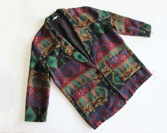 Vintage 90s Southwest Jacket S M - 1990s Western Long Blazer Jacket Earth Tone Burgundy Navajo Geometric Print