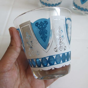 Vintage Fleur De Lis Tumbler Glasses Set 4 Blue White French Rustic Short Cocktail Drinking Glasses Vintage Barware Moroccan Tea image 5