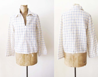 Vintage 70s Checkered Plaid Woven Cotton Blouse S - 1970s White Blue Tan Windowpane Plaid Collared Long Sleeve Top
