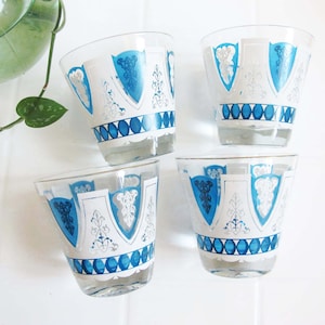 Vintage Fleur De Lis Tumbler Glasses Set 4 Blue White French Rustic Short Cocktail Drinking Glasses Vintage Barware Moroccan Tea image 1