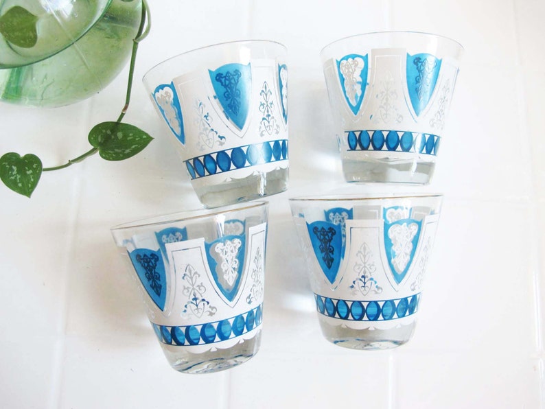 Vintage Fleur De Lis Tumbler Glasses Set 4 Blue White French Rustic Short Cocktail Drinking Glasses Vintage Barware Moroccan Tea image 1