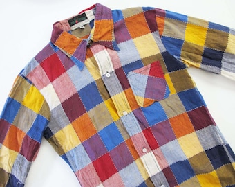 Vintage 60s Patchwork Cotton Shirt Small -  Madras Plaid Button Up