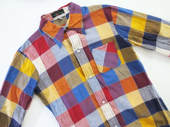 Vintage 60s Patchwork Cotton Shirt: Madras Plaid Button Up