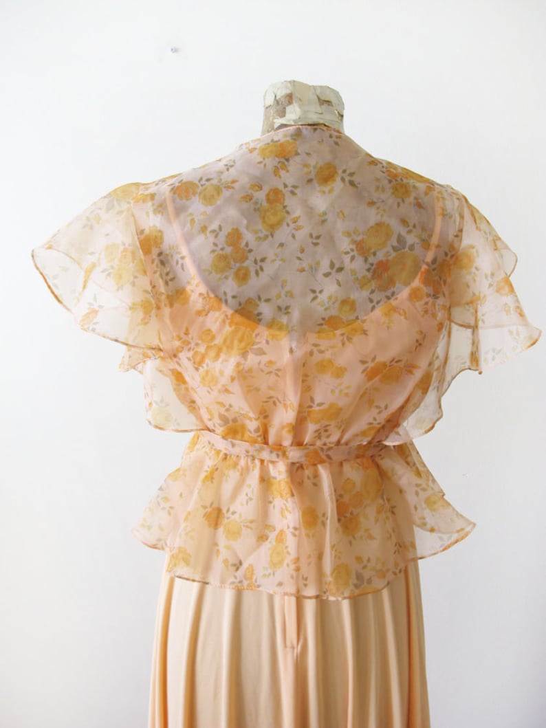 70s Long Flowy Dress Sheer Bolero Jacket Peach Pastel Disco Dress Vintage 70s Maxi Dress 70s Prom Dress Spaghetti Strap Maxi