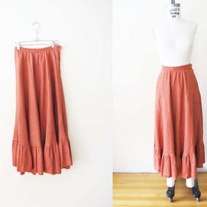 Vintage 70s Terracotta Orange Linen Midi Skirt 24 XS S - High Waist Boho Peasant Ruffle Romantic Cottage Skirt
