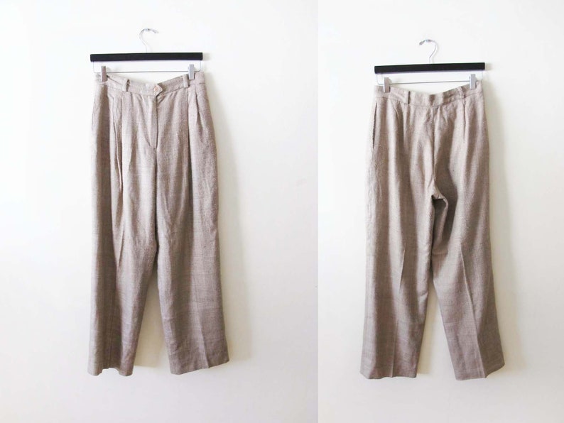 Vintage 70s Pleated Silk Trousers 29 High Waist Wide Leg Trousers Womens Textured Beige Trousers Pants 70s Clothing Dark Academic image 3