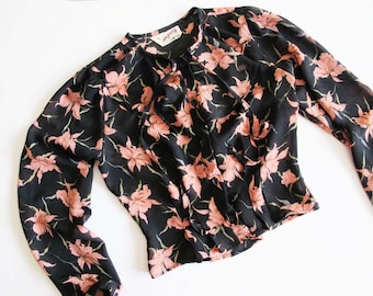 Vintage 70s Floral Ruffle Blouse: Black Peach Long Sleeve Top, Petite XS