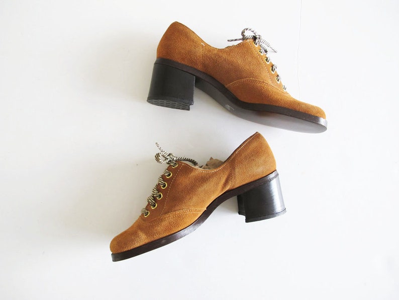 Brown Suede Lace Up Oxfords Vintage 60s 70s Womens Platform Shoes 60s Shoes 6.5 Mod Platform Shoes 7 AA Narrow Sears Shoe Place