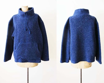 Vintage 90s Navy Blue Fleece Jacket S M  - Tall Mock Neck Pullover Deep Pile Fleece Hoodie Sweater