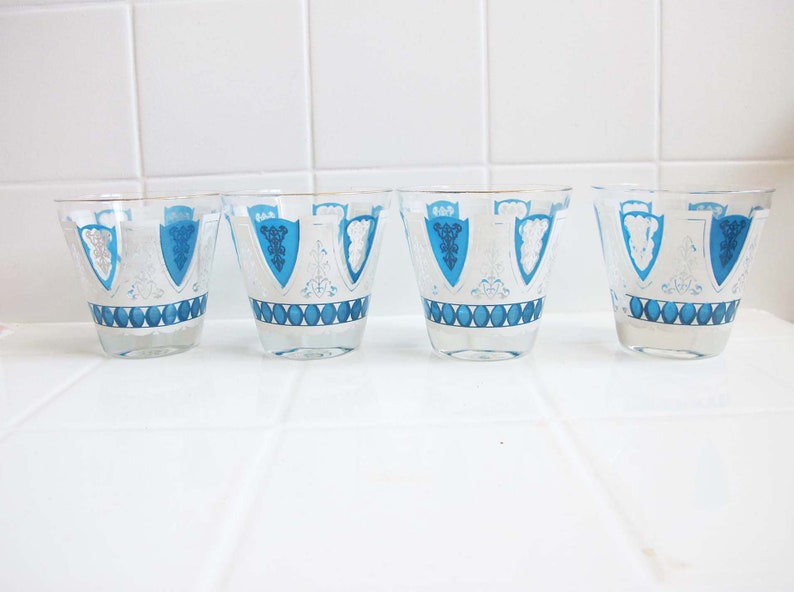 Vintage Fleur De Lis Tumbler Glasses Set 4 Blue White French Rustic Short Cocktail Drinking Glasses Vintage Barware Moroccan Tea image 3