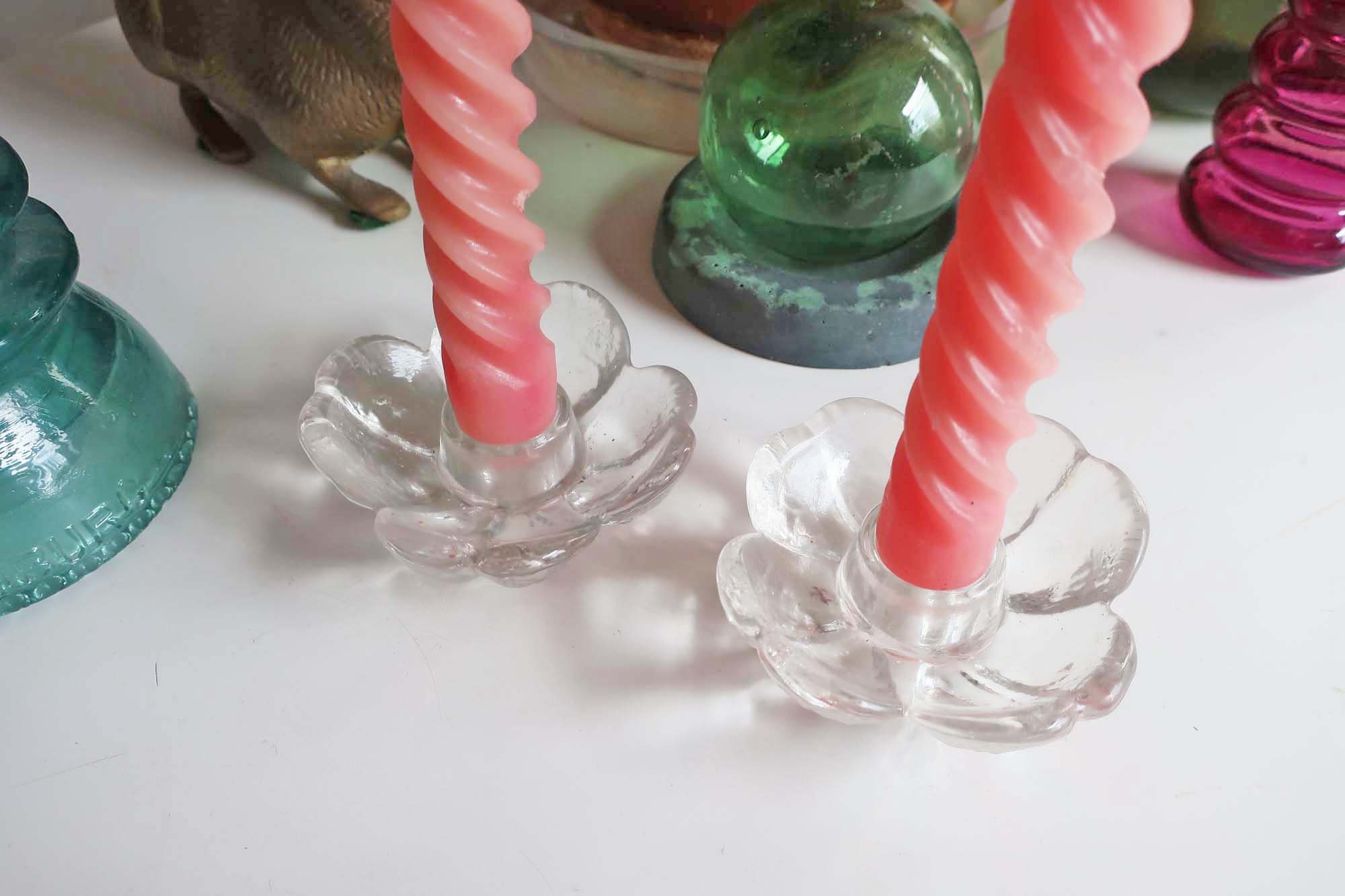 Vintage Glass Flower Taper Candle Holder Set 2 1970s Clear Etsy