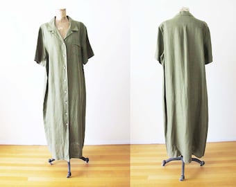 Vintage 90s Deadstock Green Linen Maxi Dress M L - 1990s Minimalist Button Front Long Casual Dress - Earth Tone Natural Fiber Clothes