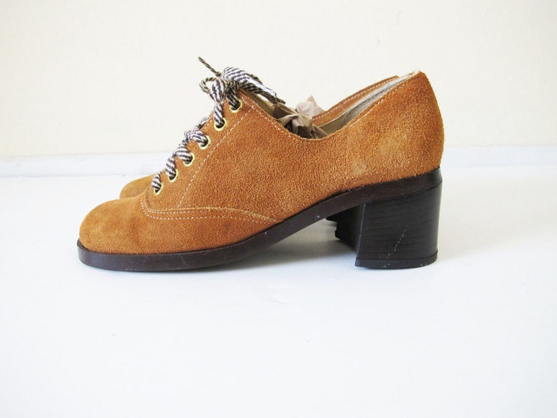 Brown Suede Lace Up Oxfords Vintage 60s 70s Womens Platform Shoes 60s Shoes 6.5 Mod Platform Shoes 7 AA Narrow Sears Shoe Place
