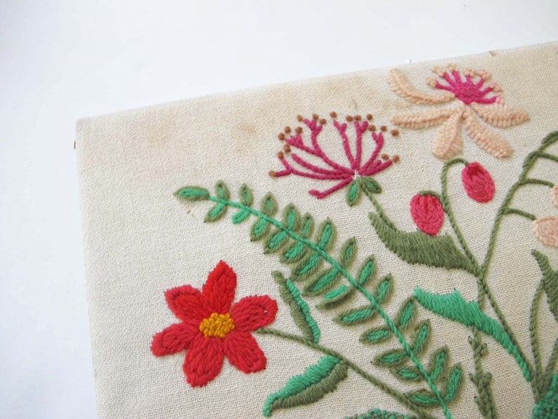 Vintage 1960s Pink Green Floral Embroidered Art 18x14 60s Hand Embroidered Wild Flower Art Canvas on Board Fern Lilly of the Valley image 2