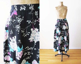 2000s Floral Skirt S - Vintage Y2K Black Floral Print Midi Skirt - 90s Grunge Dark Floral Skirt - Aesthetic E Girl Style Fairy Kai