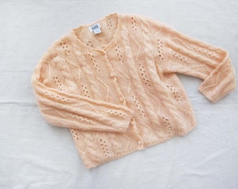 Vintage Baggy Cable Strick Cardigan Pullover M - Oversized Open Weave Pointelle Mohair Pullover - Pfirsich Pink Pastell Gestrickt Grunge Fairy Kei