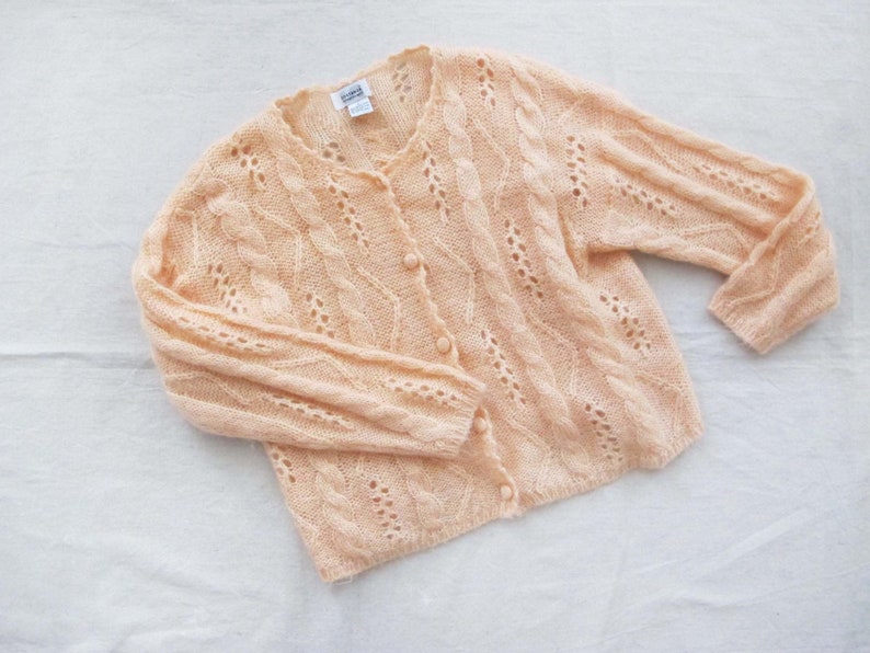 Vintage Baggy Cable Knit Cardigan Sweater M Oversized Open Weave Pointelle Mohair Pullover Peach Pink Pastel Knitted Grunge Fairy Kei image 1