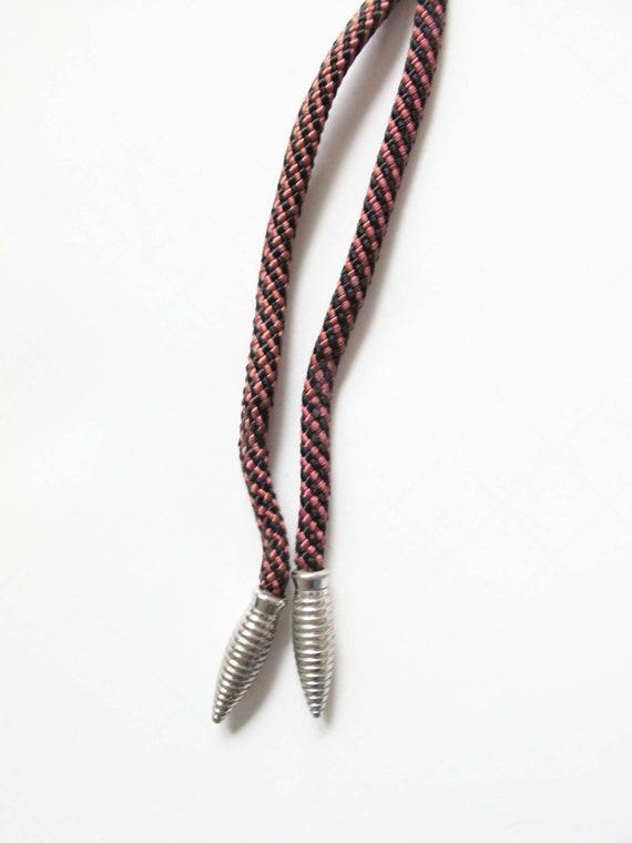 Vintage 50s Bolo Tie Pink Black Stripe Cord Metal… - image 2