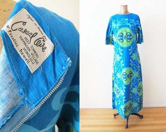 Vintage 60s Casual Ceire Paradise Hawaii Mumu Maxi Dress S - 1960s Long Blue Green Tiki Tropical Retro Dress