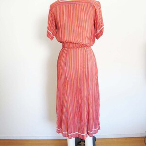 Vintage 80s Albert Nipon Dress XS S 1970s Red Multicolor Stripe Short Sleeve Semi Sheer Midi Dress image 5