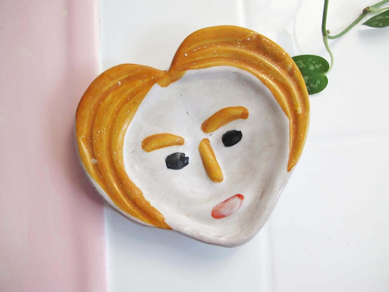 Vintage Face Spoon Rest made in Italy 60s Mid Century Ceramic Human Face Ring Dish Catchall Quirky Gift For Friend image 1