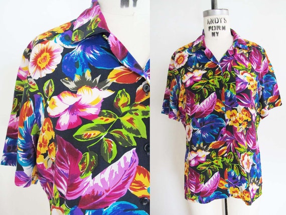 Vintage 90s Silk Hawaiian Shirt S M - 1990s Women… - image 2