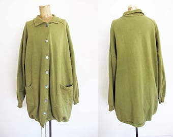 Vintage 90s Grunge Olive Green Long Cotton Anorak Sweater Jacket Baggy Oversized Large
