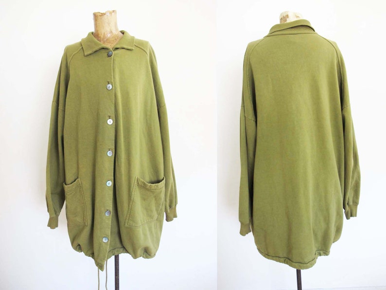 Vintage 90s Grunge Olive Green Long Cotton Anorak Sweater Jacket Baggy Oversized Large image 1