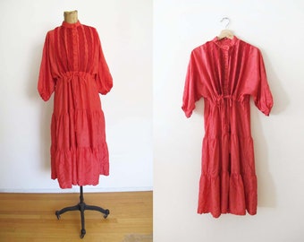 Vintage 70s Red Balloon Sleeve Peasant Dress S M - 1970s Bohemian Button Chest Tiered Skirt Romantic Hippie Sundress