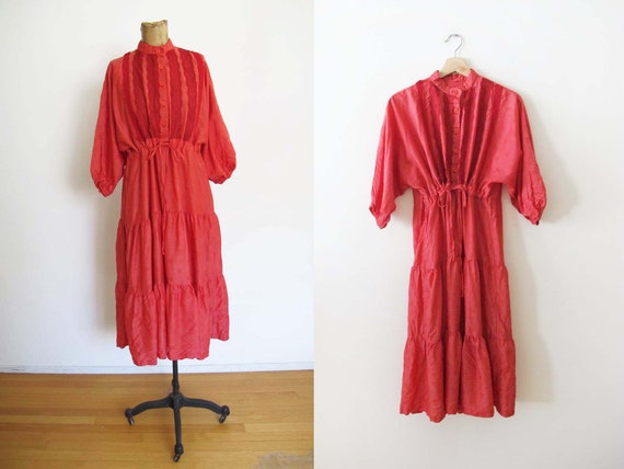 Vintage 70s Red Balloon Sleeve Peasant Dress S M … - image 1