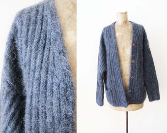 Vintage 90s Mohair Cardigan M - 1990s Charcoal Grey Ribbed Fuzzy Knit Grunge Cardigan Sweater