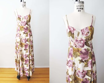Vintage 90s Spaghetti Strap Floral Rose Maxi Dress Mauve Green Small
