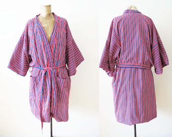 Vintage 60s Red Blue Striped Terry Cloth Cabana Short Robe - Reversible Lounge Wear