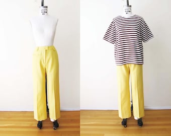 Pantalones vintage de poliéster amarillo de los años 70: pantalones rectos de cintura alta