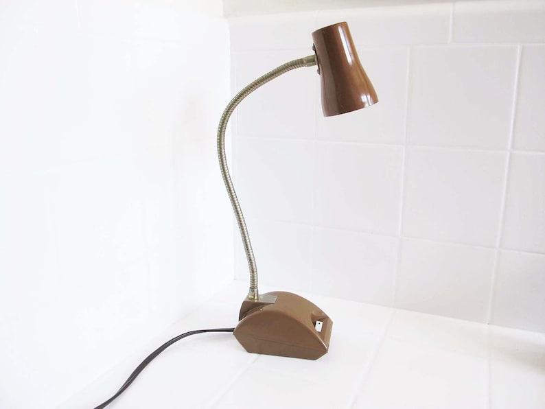 Vintage Small Brown Metal Industrial Gooseneck Lamp 80s Desk Office Task Lamp Flexible Neck image 1