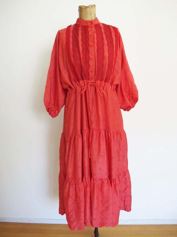 Vintage 70s Red Balloon Sleeve Peasant Dress S M … - image 3