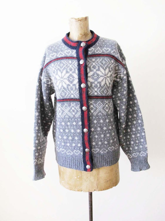 Vintage LL Bean Wool Fair Isle Cardigan Sweater S - 1980s Gray