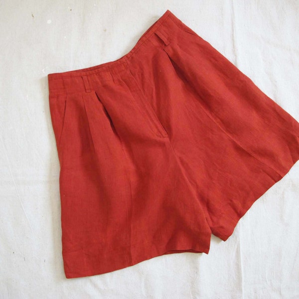 Vintage 90er Jahre Rostrote Leinen Shorts 30 M - 1990er Jahre Hohe Taille Plissee Lange Mom Shorts Liz Claiborne - Earth Tone Minimalist Style