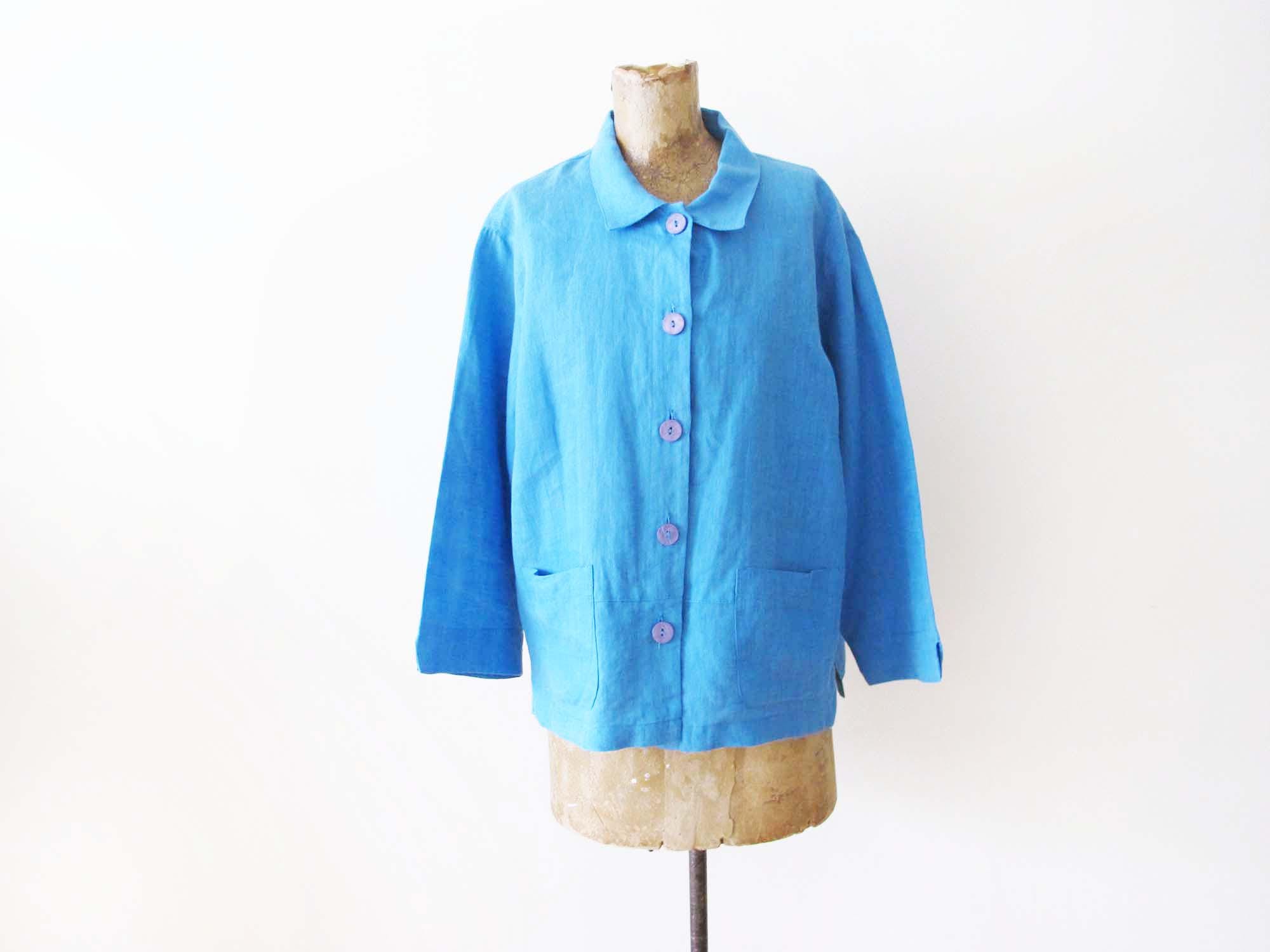 Vintage 90s Blue Linen Jacket M L - 1990s Boxy Linen Button